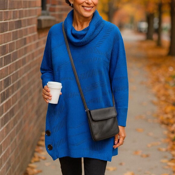 Ali Miles XL Blue Textured Cowl Neck Tunic Sweater Button Detail Long Sleeve - Picture 1 of 11